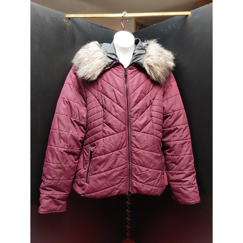 LADIES PUFFER JACKET BURGANDY ZIP FAUX FUR HOOD SIZE LARGE